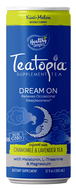 Teatopia Dream On relieves occasional sleeplessness with melatonin, l-theanine and magnesium Healthy Delight Teatopia Supplement Tea, Dream On 12 fl oz Can, Kiwi-Melon, Naturally Flavored, Relieves Occasional Sleeplessness, Non-Caffeinated