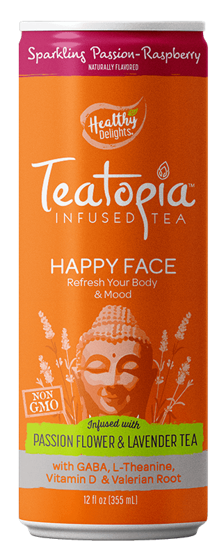 Teatopia Happy Face refreshes your mood and body with GABA, L-theanine, vitamin d and valerian root. Healthy Delights Teatopia Infused Tea, Happy Face 12 fl oz Can, Sparkling Passion-Raspberry, Naturally Flavored, Non-Caffeinated